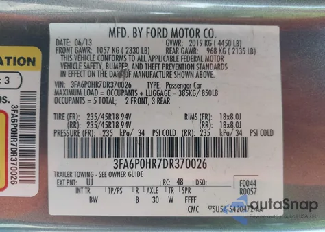 2013 Ford Fusion Se from USA, damaged, VIN 3FA6P0HR7DR370026